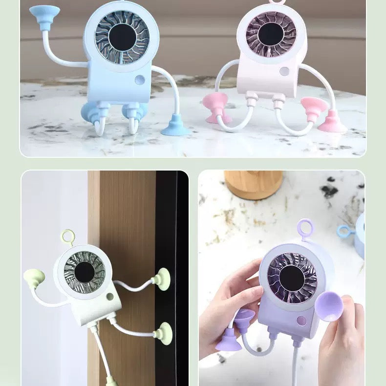 Freestyle Small Robot Fan, Fun Desk Fan with Suckers, Rechargeable Portable Fan