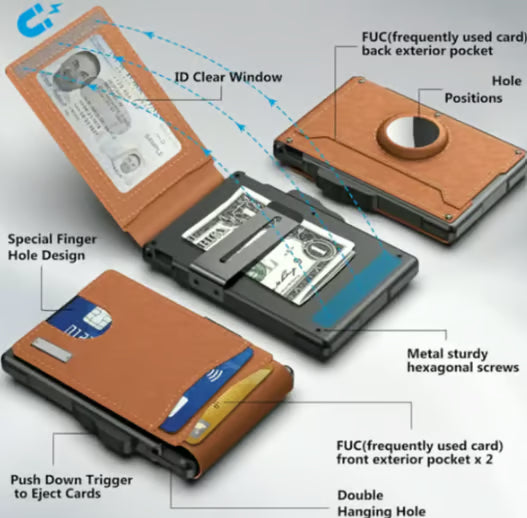 With Pop Up Aluminum Case Money Clip Slim Leather Slots Credit Card Holder Rfid Blocking Bifold Minimalist Wallet