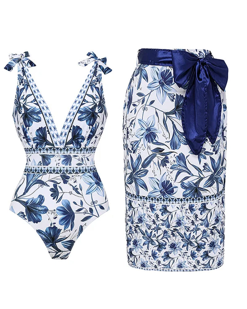V Neck Lace Up Printed One Piece Swimsuit and Skirt
