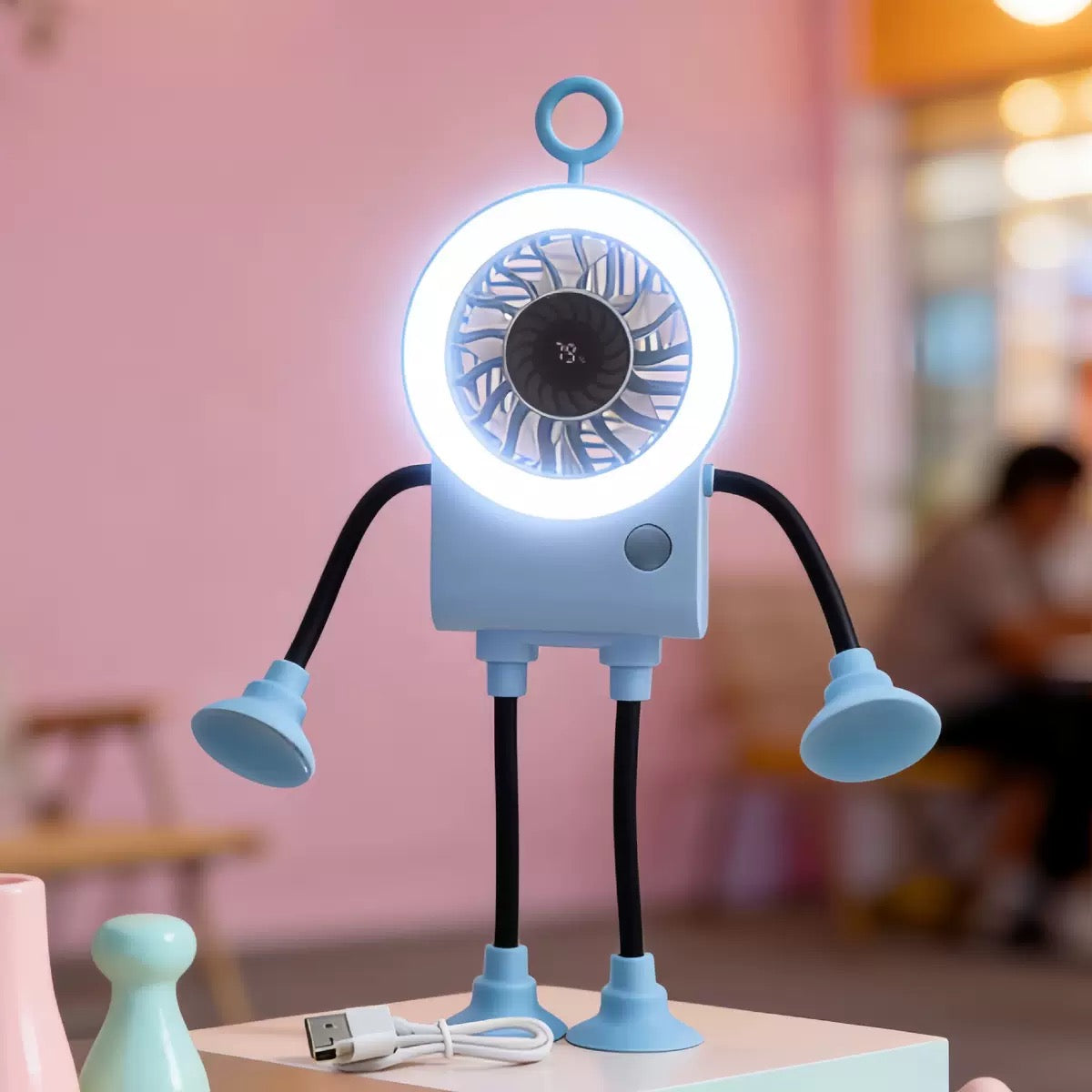 Freestyle Small Robot Fan, Fun Desk Fan with Suckers, Rechargeable Portable Fan