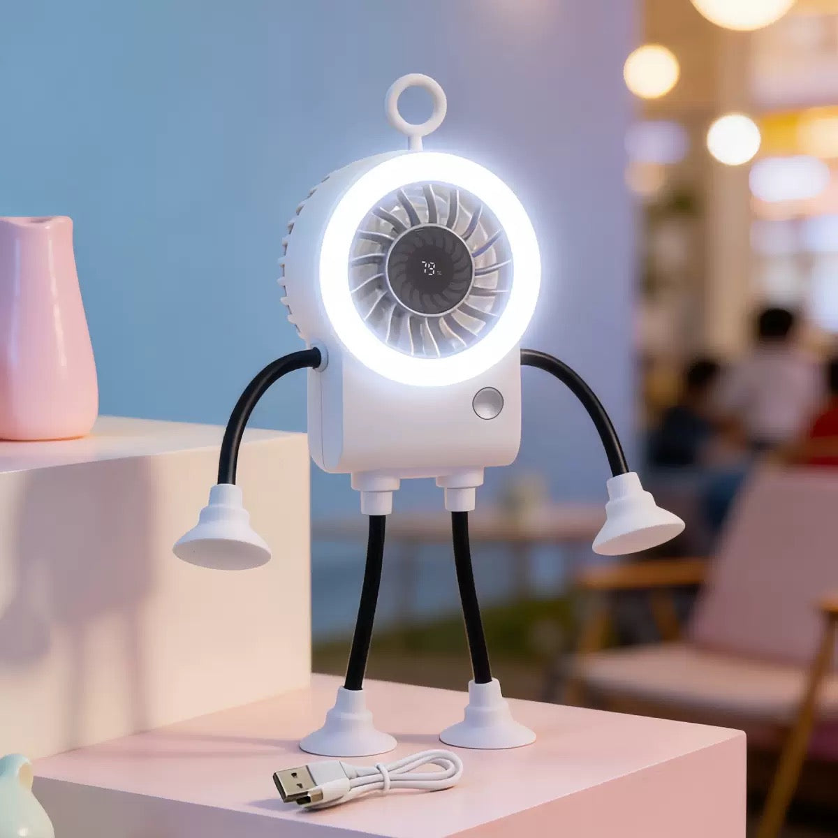 Freestyle Small Robot Fan, Fun Desk Fan with Suckers, Rechargeable Portable Fan