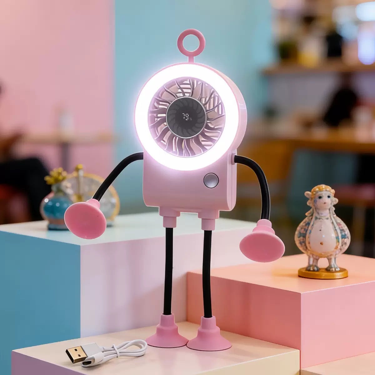 Freestyle Small Robot Fan, Fun Desk Fan with Suckers, Rechargeable Portable Fan