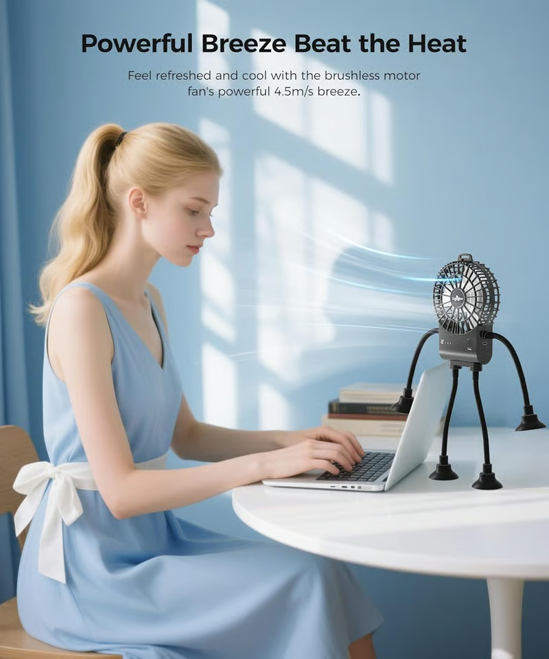 Freestyle Small Robot Fan, Fun Desk Fan with Suckers, Rechargeable Portable Fan
