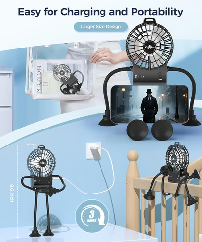 Freestyle Small Robot Fan, Fun Desk Fan with Suckers, Rechargeable Portable Fan