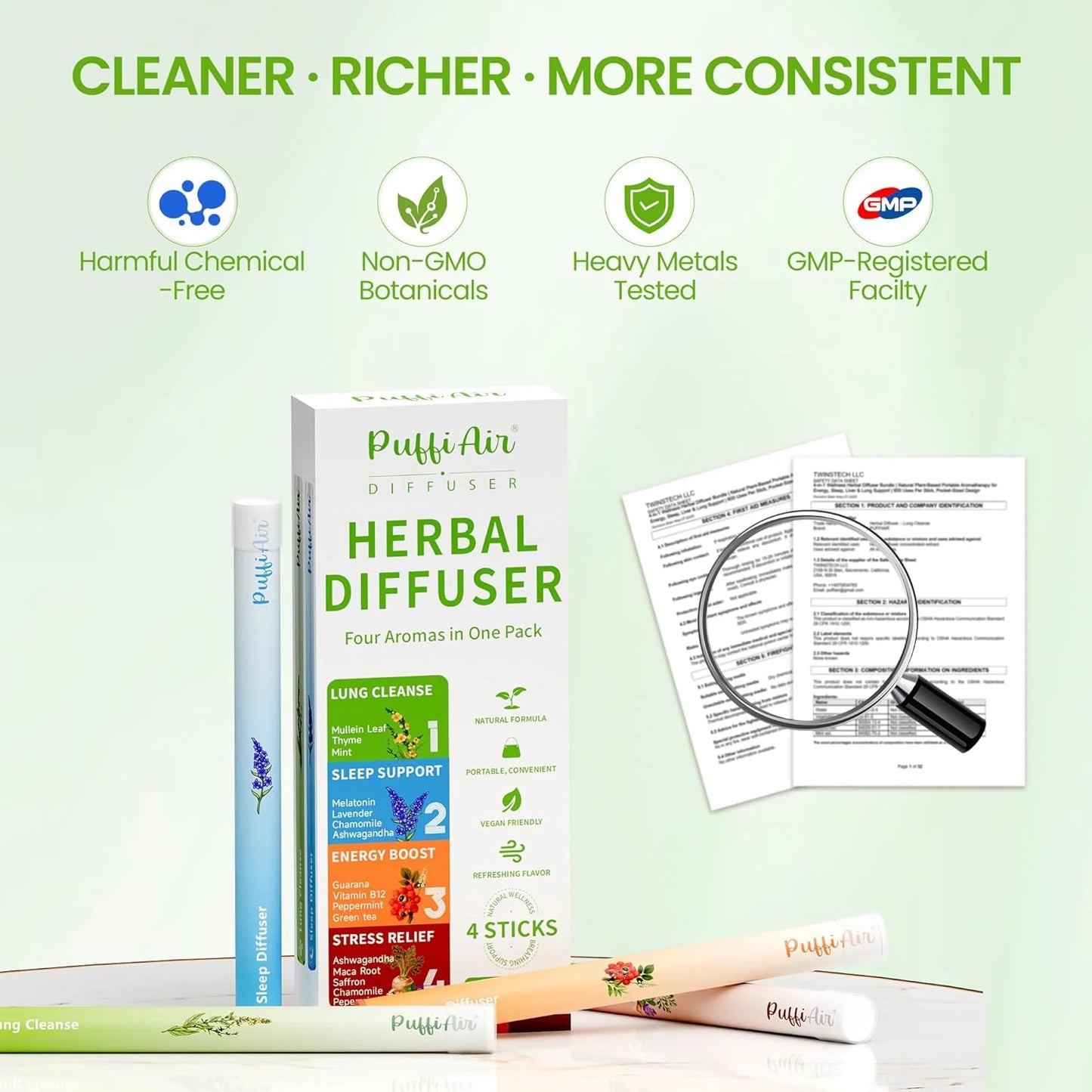 PUFFIAIR Herbal Diffuser Duo with Milk Thistle, Guarana & More丨Inner Vitality Duo for Liver Detox & Energy Boost Support - 600 Uses Per Stick