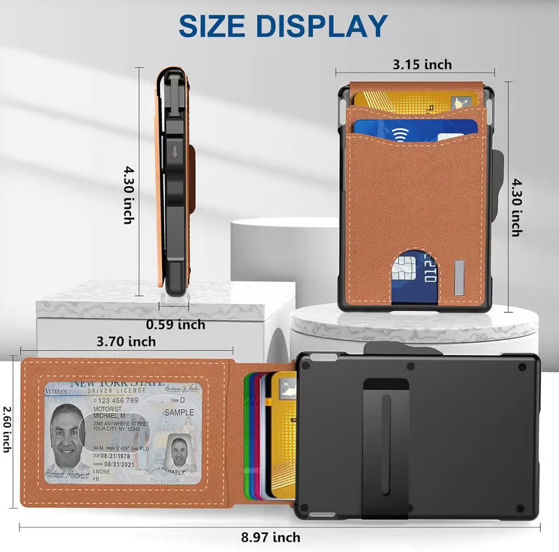 With Pop Up Aluminum Case Money Clip Slim Leather Slots Credit Card Holder Rfid Blocking Bifold Minimalist Wallet