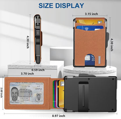 With Pop Up Aluminum Case Money Clip Slim Leather Slots Credit Card Holder Rfid Blocking Bifold Minimalist Wallet
