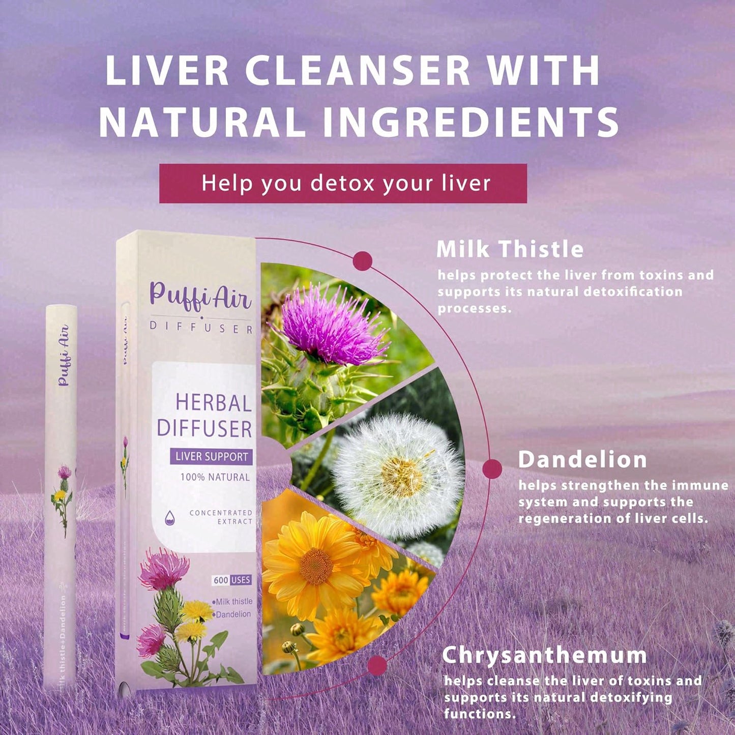 PUFFIAIR Herbal Diffuser Duo with Milk Thistle, Guarana & More丨Inner Vitality Duo for Liver Detox & Energy Boost Support - 600 Uses Per Stick