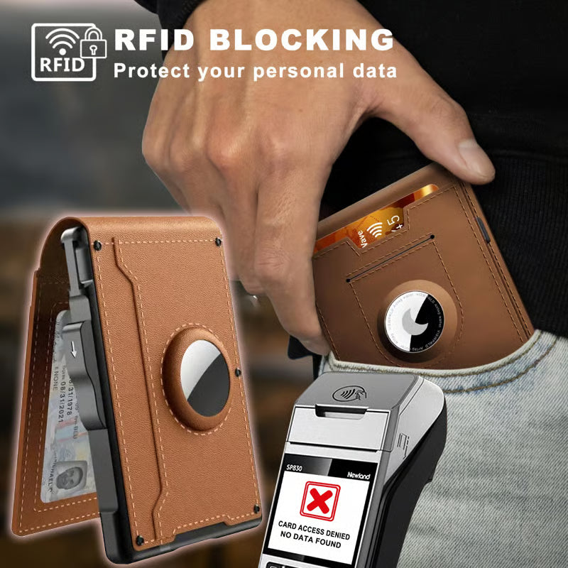 With Pop Up Aluminum Case Money Clip Slim Leather Slots Credit Card Holder Rfid Blocking Bifold Minimalist Wallet