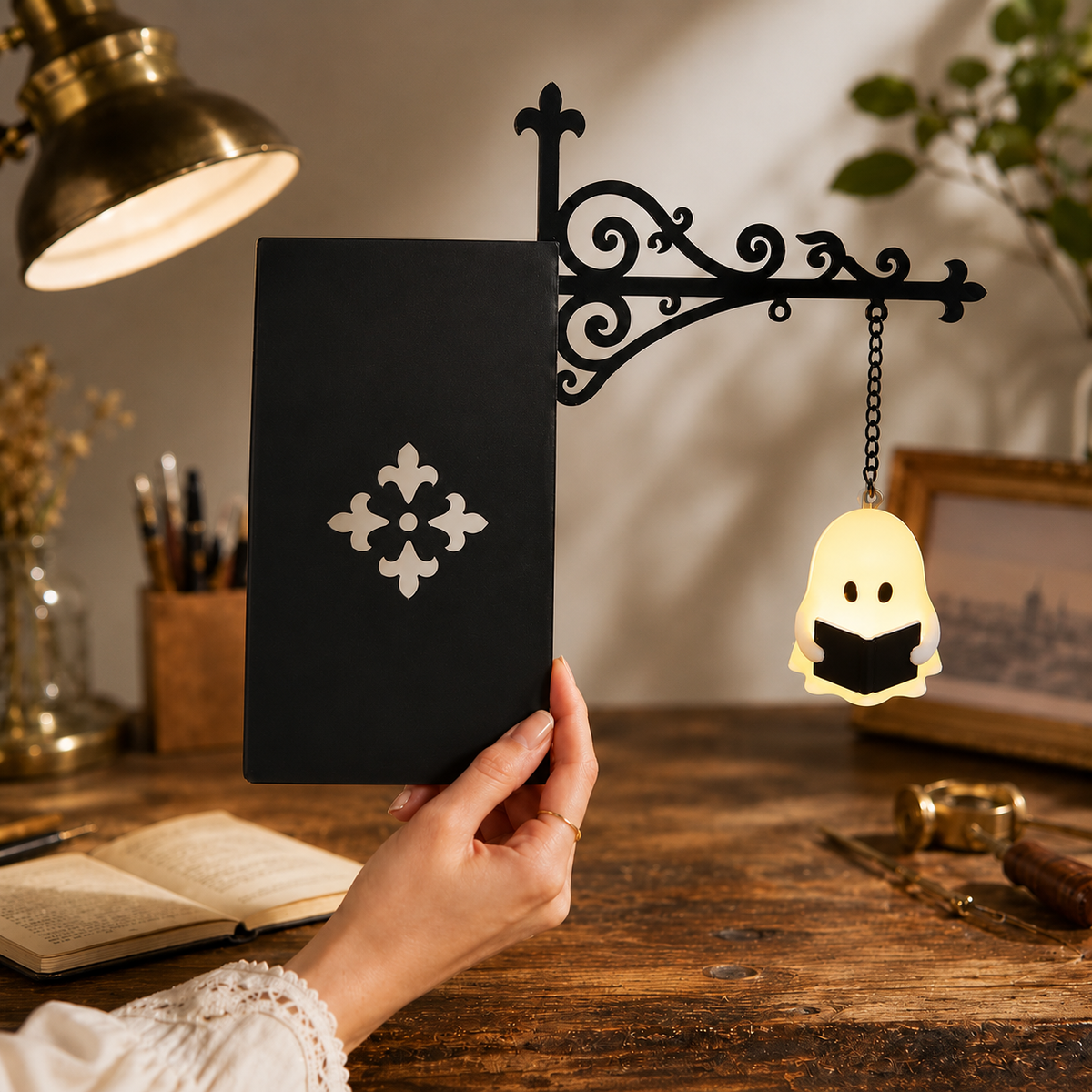 Cozy Bookworm Ghost Lantern