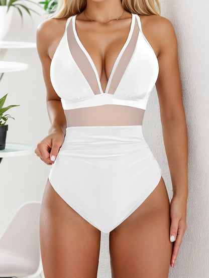 Solid Mesh Backless One-Piece Swimsuit – Sexy Sheer Bikini Style