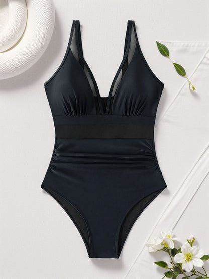Solid Mesh Backless One-Piece Swimsuit – Sexy Sheer Bikini Style