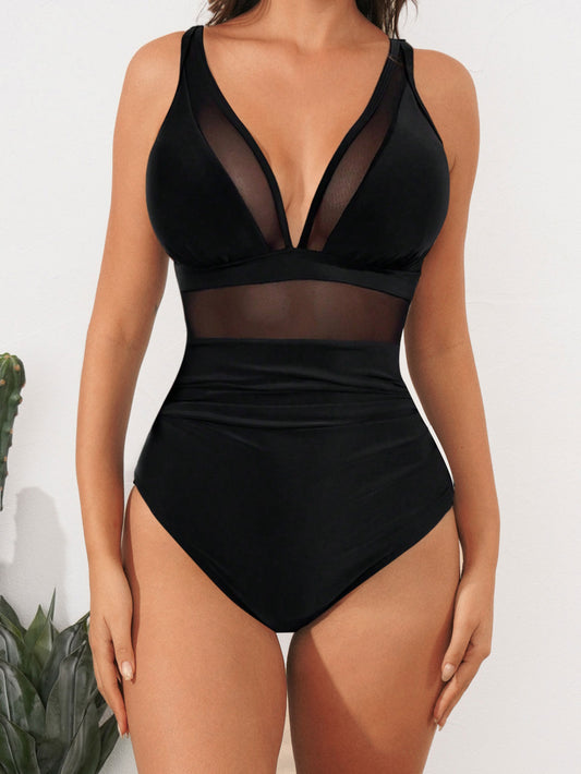 Solid Mesh Backless One-Piece Swimsuit – Sexy Sheer Bikini Style